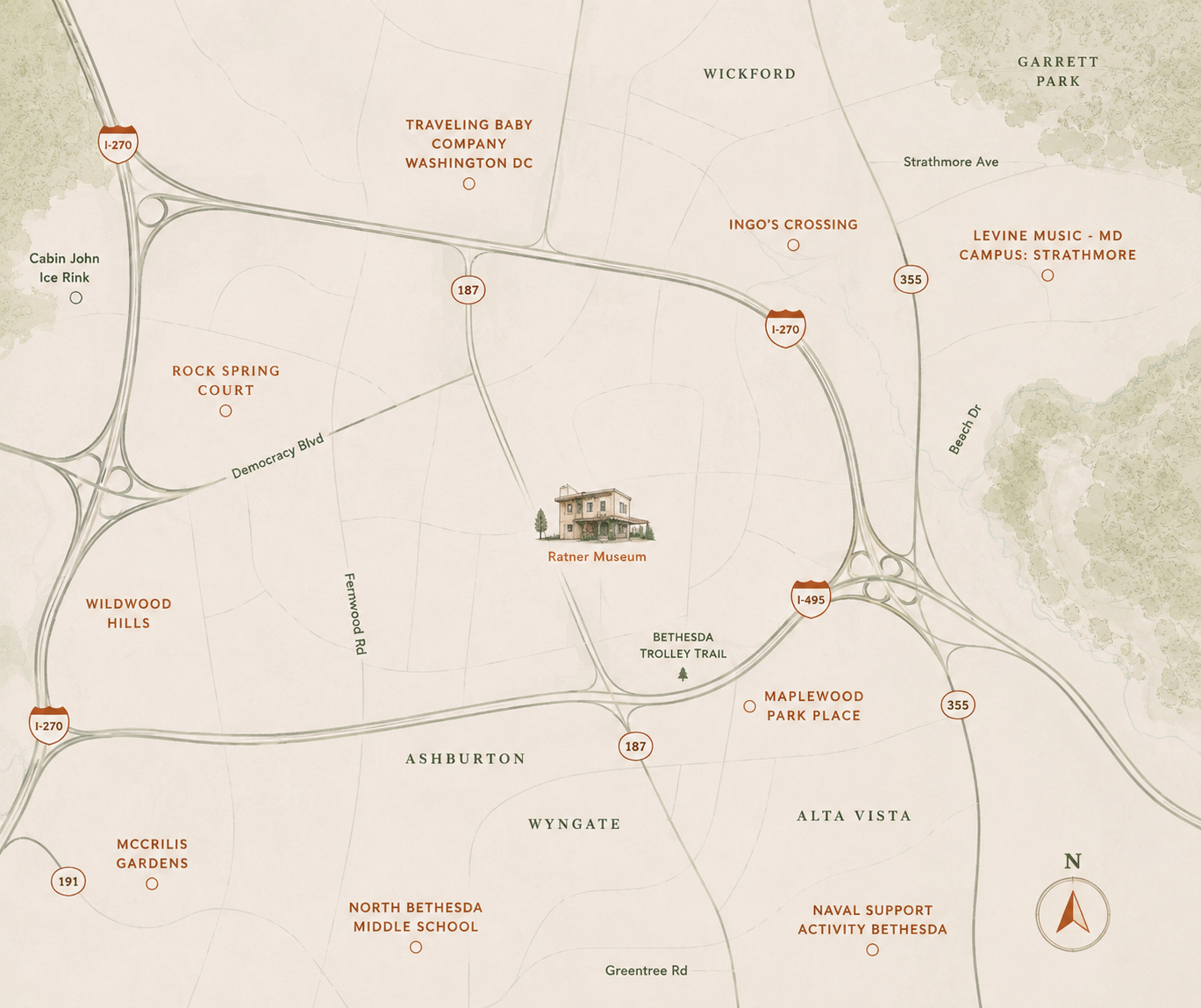 Illustrated map showing the Ratner Museum's location in Bethesda, near I-270, I-495, and Route 187